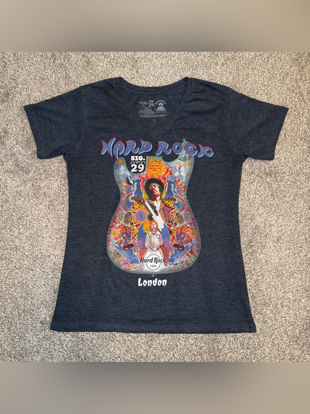 Hard Rock Cafe Heather Gray V-Neck Tee with White Hendrix Print